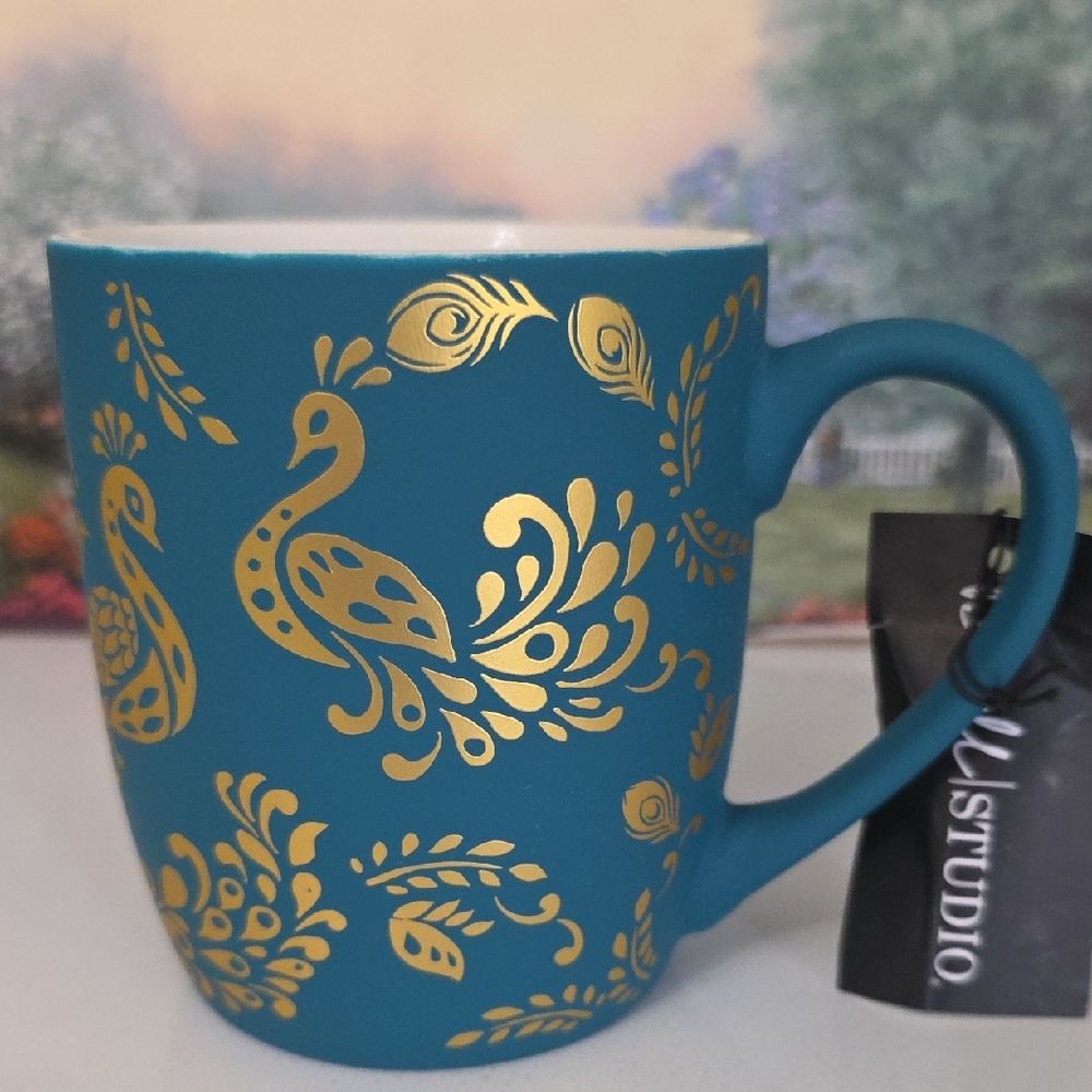 Dwell Studio Blue Peacock Gold-Accent Ceramic Mug, NWT